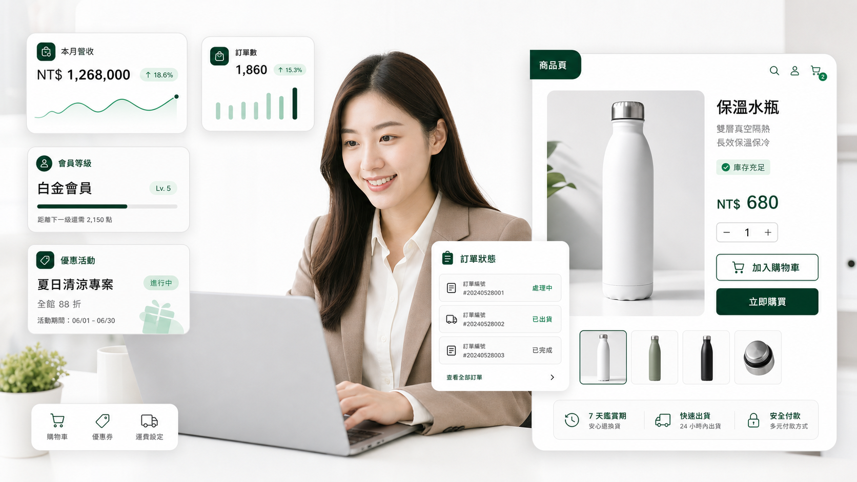 電商經營者使用電腦管理水瓶商品、訂單與會員系統示意